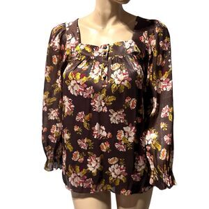 Lauren Conrad Blouse Top Size XS Brown Pink Floral Square Neck Long Sleeves NWT